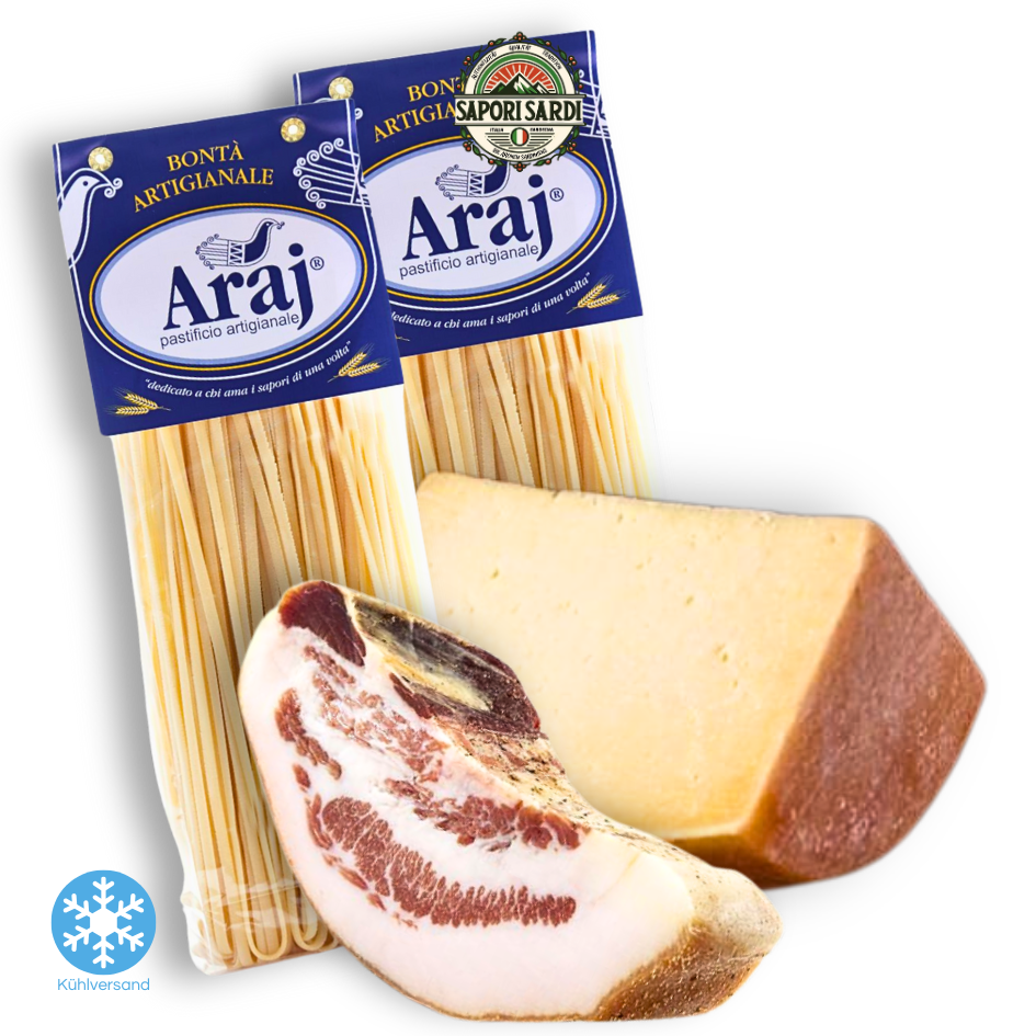 Spaghetti Carbonara Rezept Paket für 8-12 Portionen. Original mit handgemachten Spaghetti und Guanciale sowie Pecorino aus Sardinien.