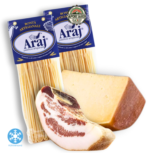 Spaghetti Carbonara Rezept Paket für 8-12 Portionen. Original mit handgemachten Spaghetti und Guanciale sowie Pecorino aus Sardinien.