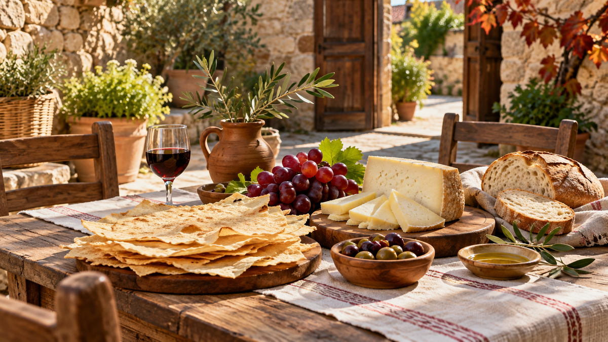 Pane Carasau, Pecorino, Trauben und Oliven auf einem Tisch in einem offenen sardischen Steinhof.