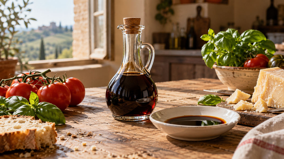 Aceto Balsamico mit Tomaten, Hartkäse, Basilikum und Brot auf einem Holztisch.