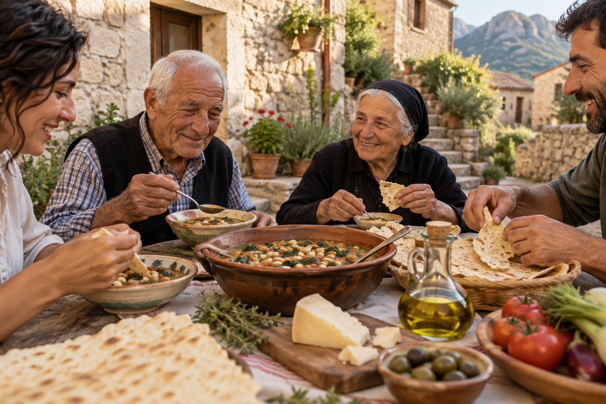 Mehrere Generationen teilen in einem sardischen Bergdorf Gemüsesuppe, Pane Carasau und Schafskäse.