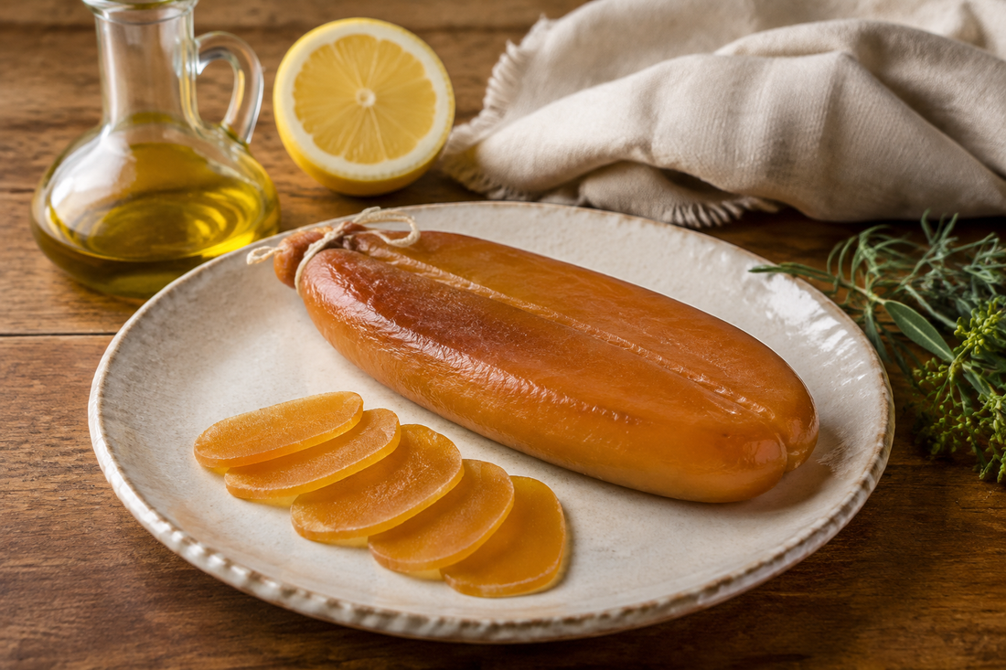 Bottarga di Muggine am Stück und in dünnen Scheiben mit Olivenöl und Zitrone.