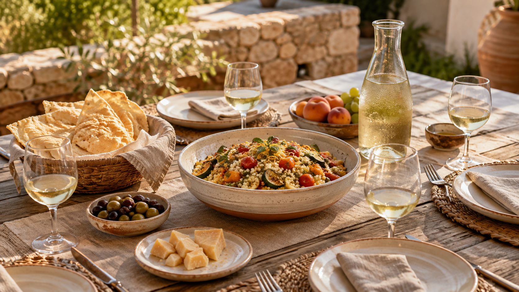 Sommerliche Ferragosto-Tafel auf Sardinien mit Fregola, Pane Carasau, Pecorino, Oliven und Weißwein