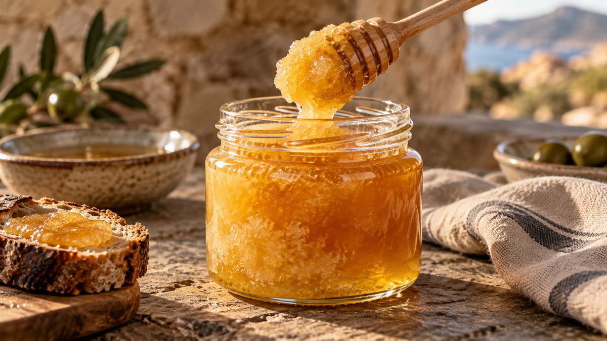 Teilweise kristallisierter Honig im Glas mit Honiglöffel und rustikalem Brot.
