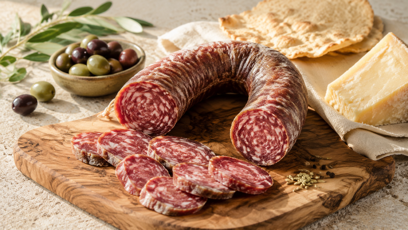 Angeschnittene sardische Salami mit Pecorino, Pane Carasau und Oliven auf einem Holzbrett.