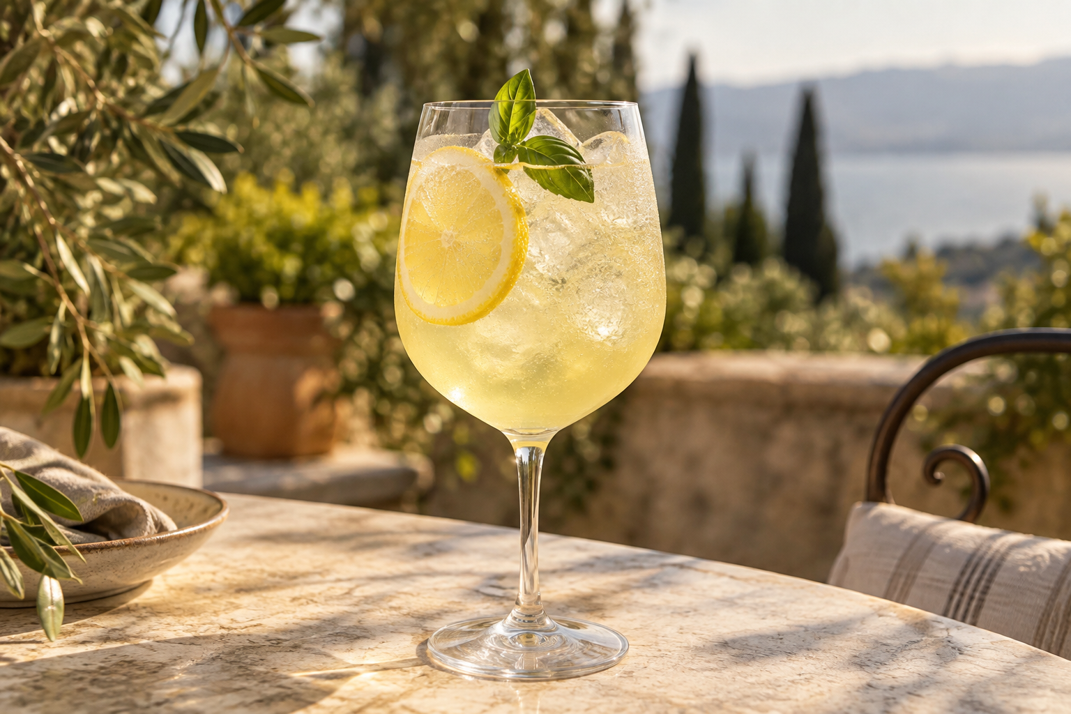 Limoncello Spritz mit Prosecco, Soda, Eis, Zitrone und Basilikum.