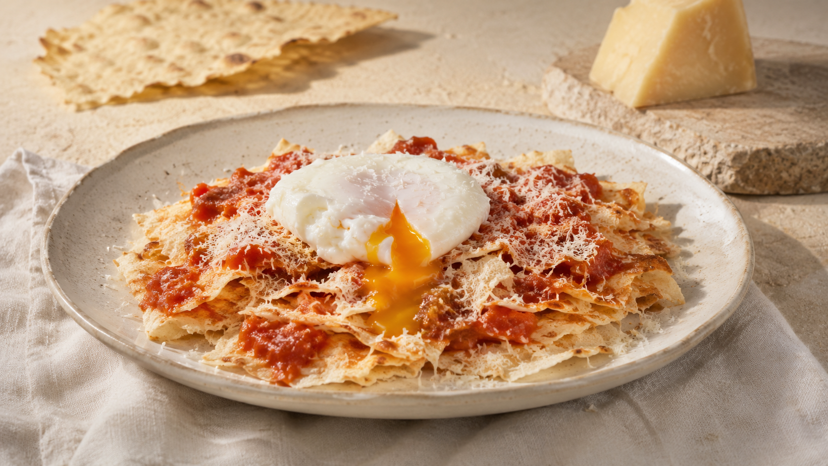 Pane Frattau mit Tomatensauce, geriebenem Pecorino und pochiertem Ei auf einem Keramikteller.