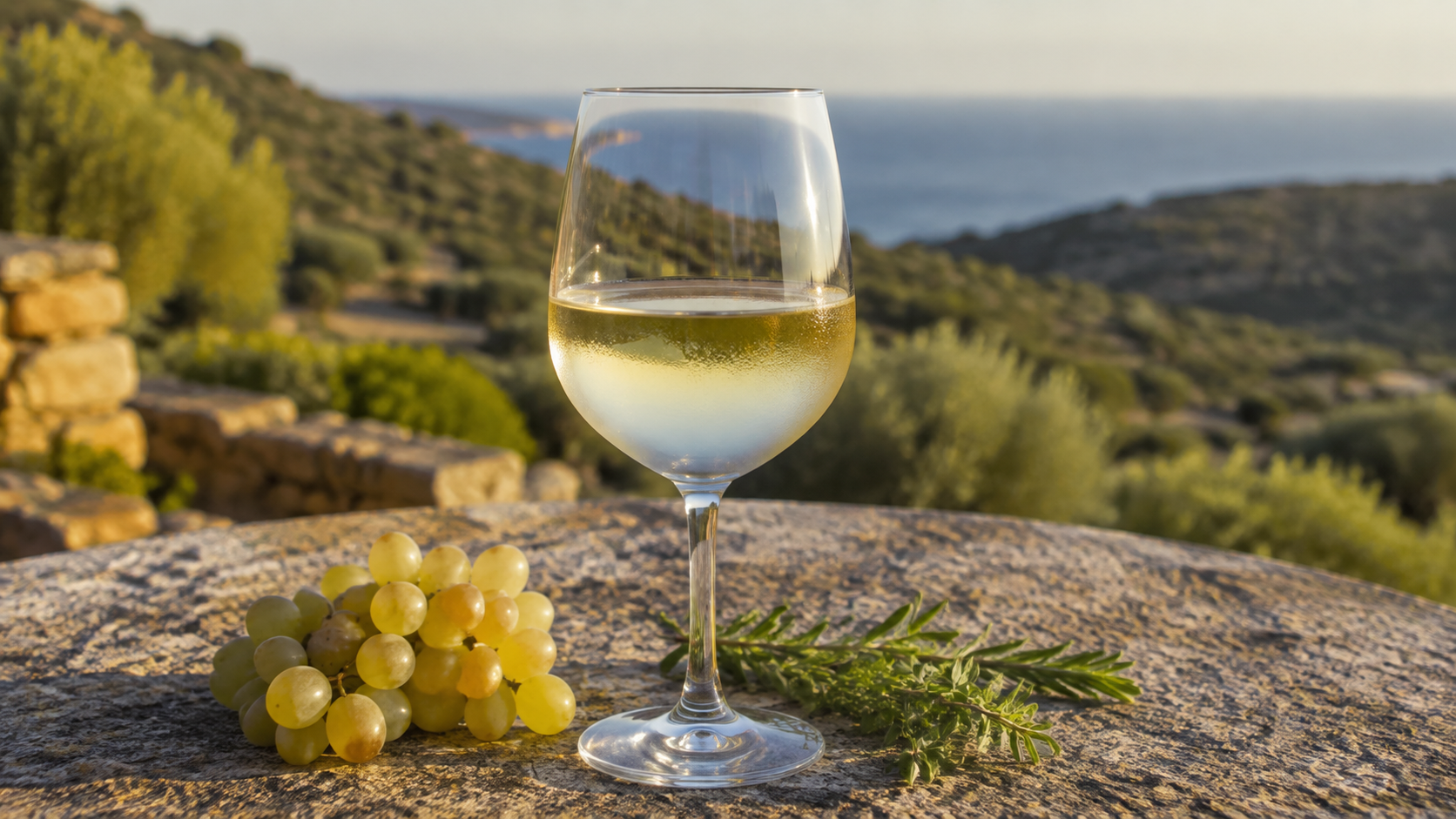 Glas Vermentino di Gallura mit hellen Trauben auf einem Granittisch in warmer Abendsonne.