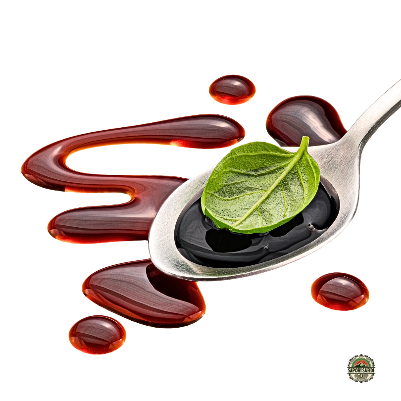 Aceto Balsamico di Modena auf einem Löffel mit Basilikum.
