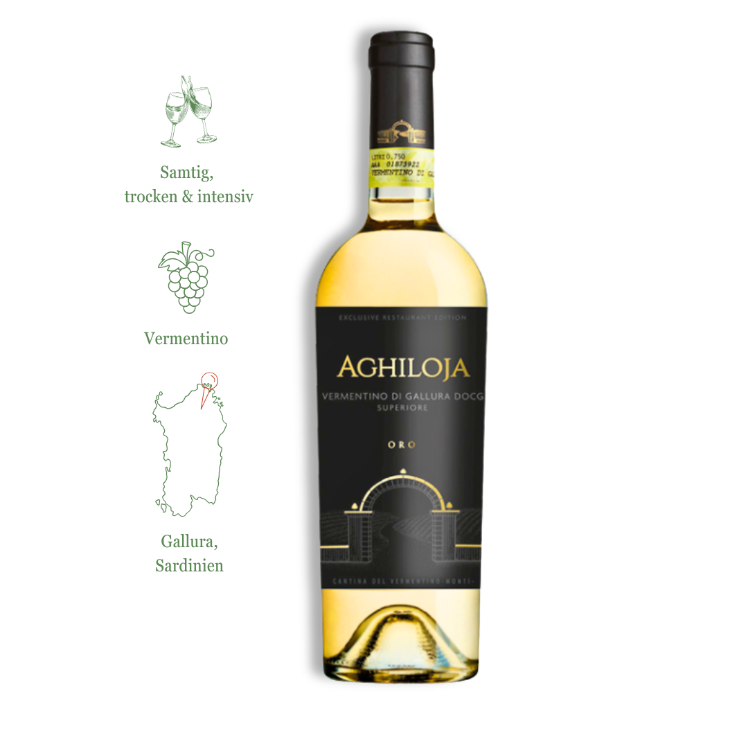 Aghiloja - Vermentino di Gallura Superiore DOCG von CANTINA DEL VERMENTINO MONTI aus Sardinien.