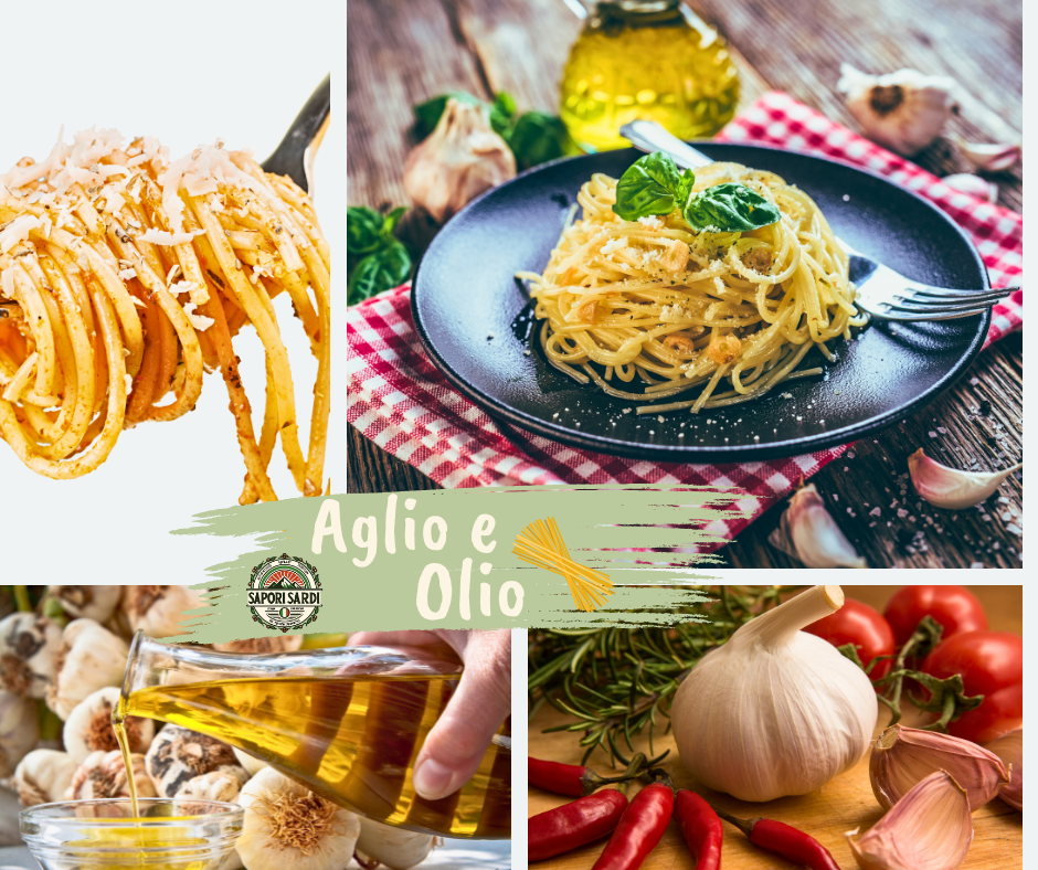 Eine Collage für ein Rezept für Aglio e Olio von Sapori Sardi. Man sieht oben links Spaghetti auf eine Gabel aufgerollt, rechts Spaghetti auf einem Teller angerichtet mit Basilikum verziert und Parmesan bestreut. Dahinter auf einem Holztisch Olivenöl. Unten sieht man eine Flasche Olivenöl. Das Öl wird in eine Schale gegossen. Unten rechts ist eine Knoblauchzehe sowie Zwiebeln und Chilli zu erkennen. In der Mitte des Bildes steht Aglio e Olio als Aufschrift.