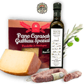 Antipasti Sardi Paket mit Pecorino, Salsiccia, Pane Guttiau und Olivenöl. Geschenk. Antipasti Platte.