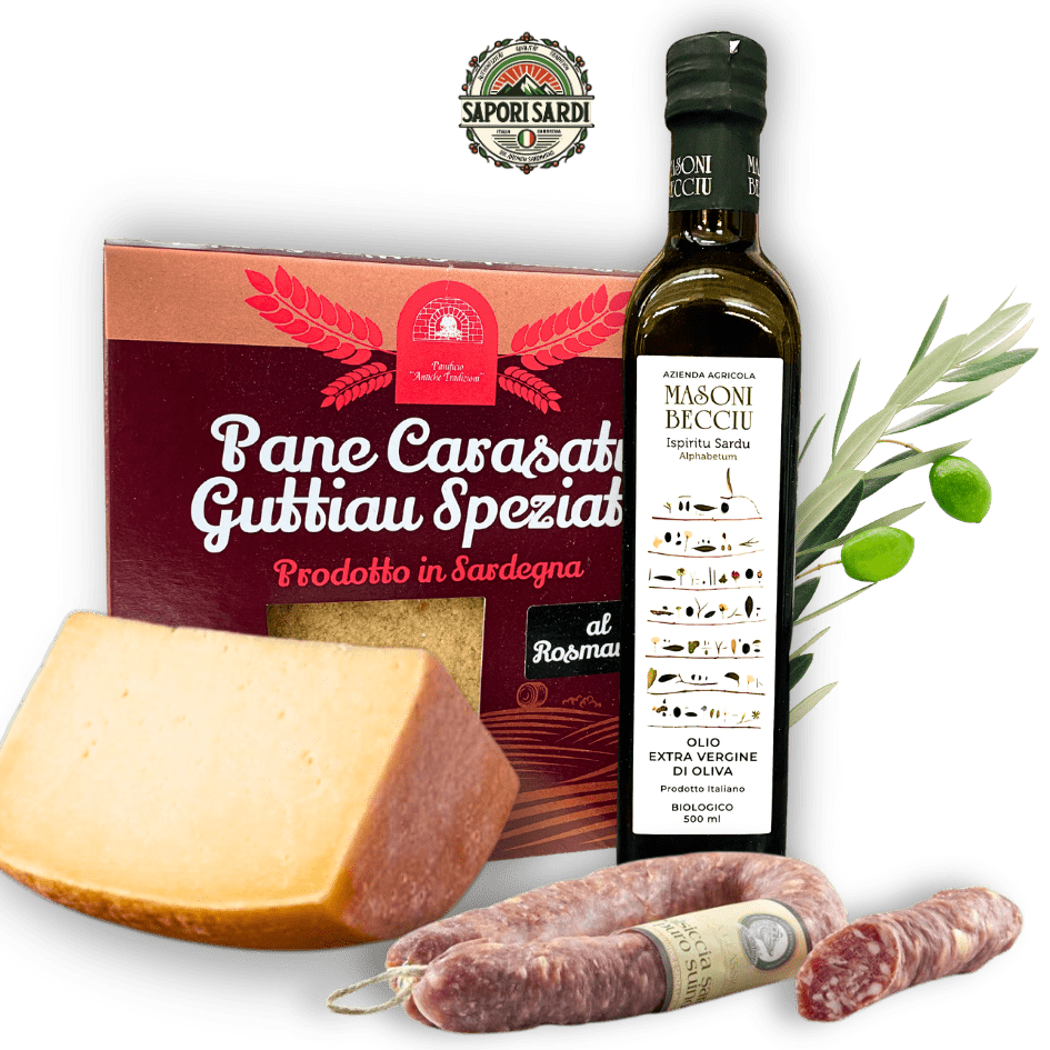 Antipasti Sardi Paket mit Pecorino, Salsiccia, Pane Guttiau und Olivenöl. Geschenk. Antipasti Platte.