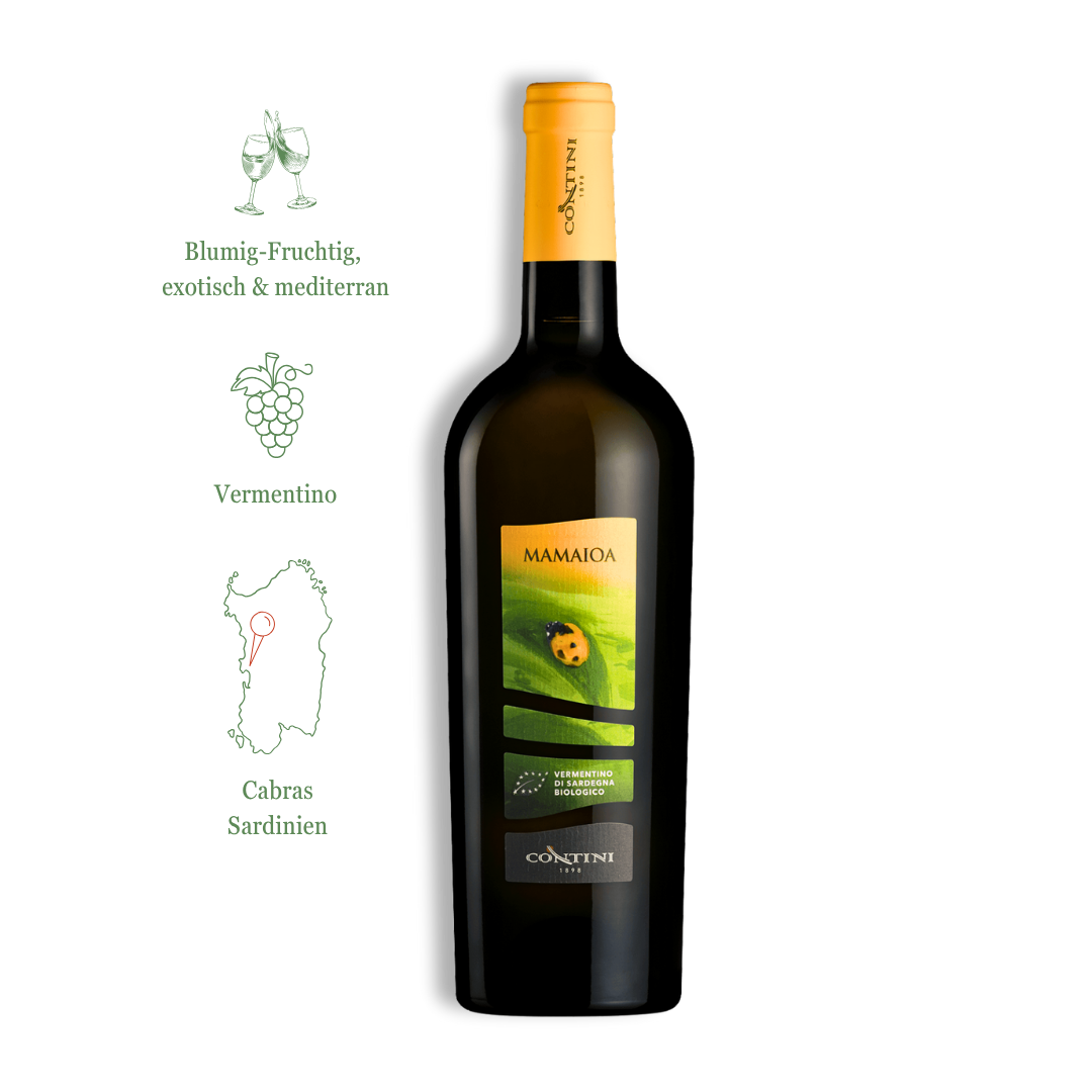 BIO Mamaioa Bianco. Vermentino di Sardegna DOC von Contini. Wein aus Sardinien.