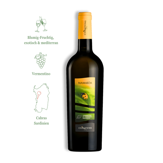 BIO Mamaioa Bianco. Vermentino di Sardegna DOC von Contini. Wein aus Sardinien.