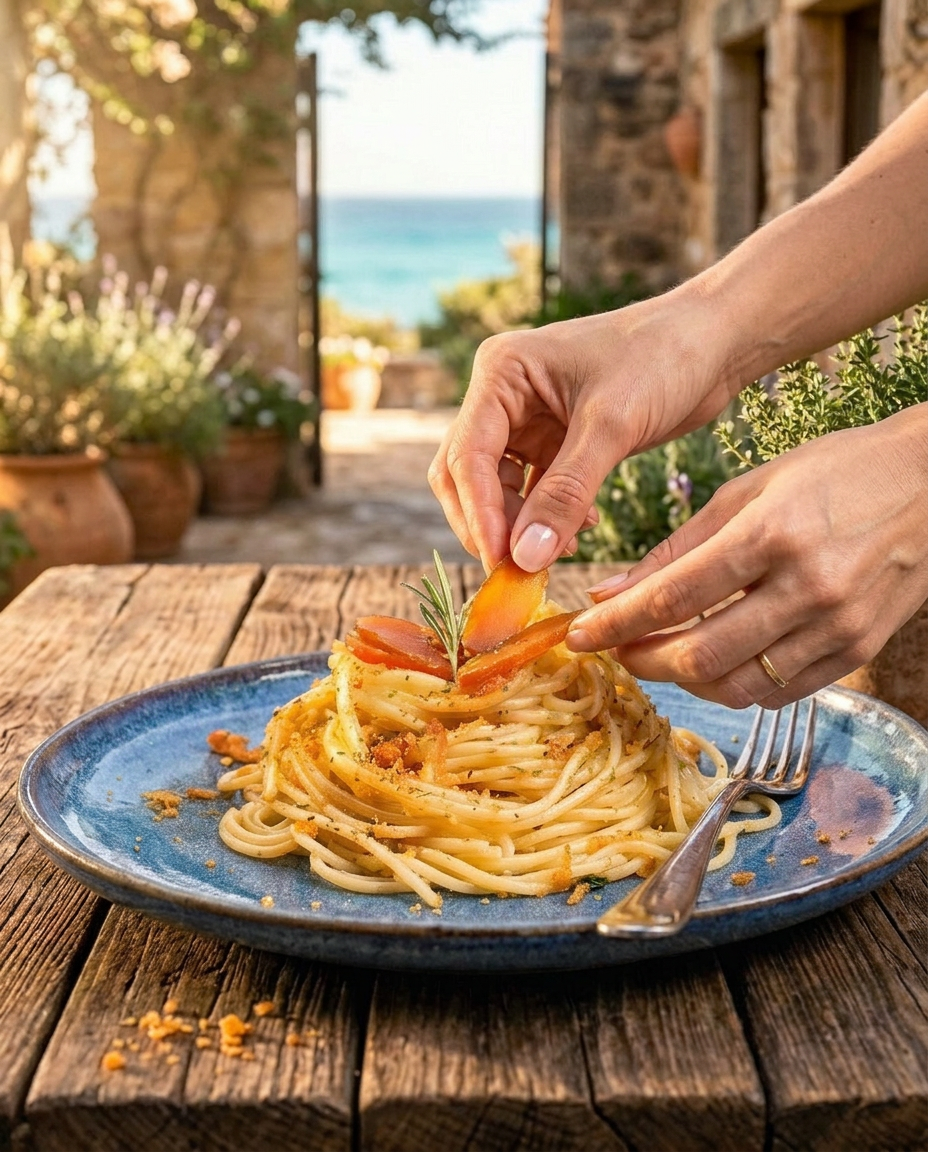 Bottarga wird über einen Teller Spaghetti Bottarga gerieben