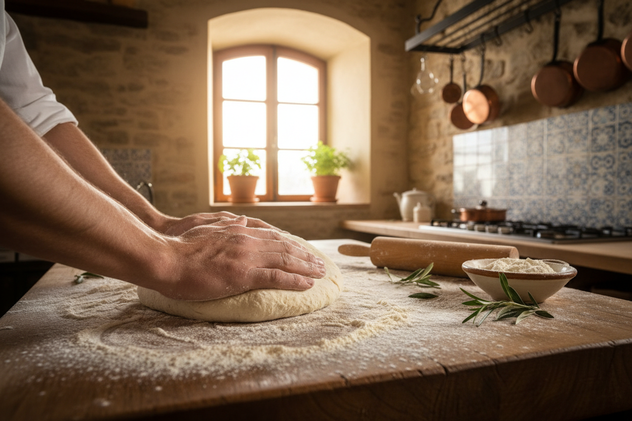 Man sieht eine rustikale Arbeitsfläche einer Küche. Es wird ein frischer Teig für ein italienisches Brot geknetet. 