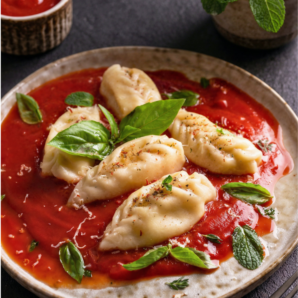 Culurgiones auf Teller mit Tomatensauce