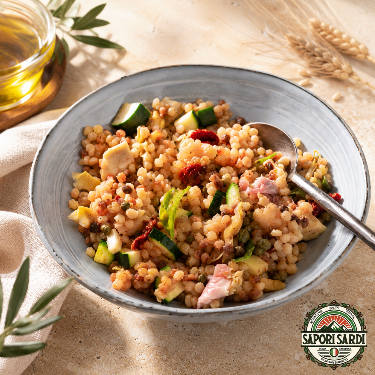 Ein Fregula Salad mit Gurken, getrockneten Tomaten und weiterem.