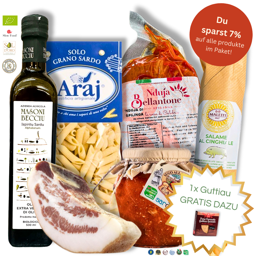 Maenner Geschenk Set Fleisch Guanciale, Slasiccia, Salumi, Olivenoel