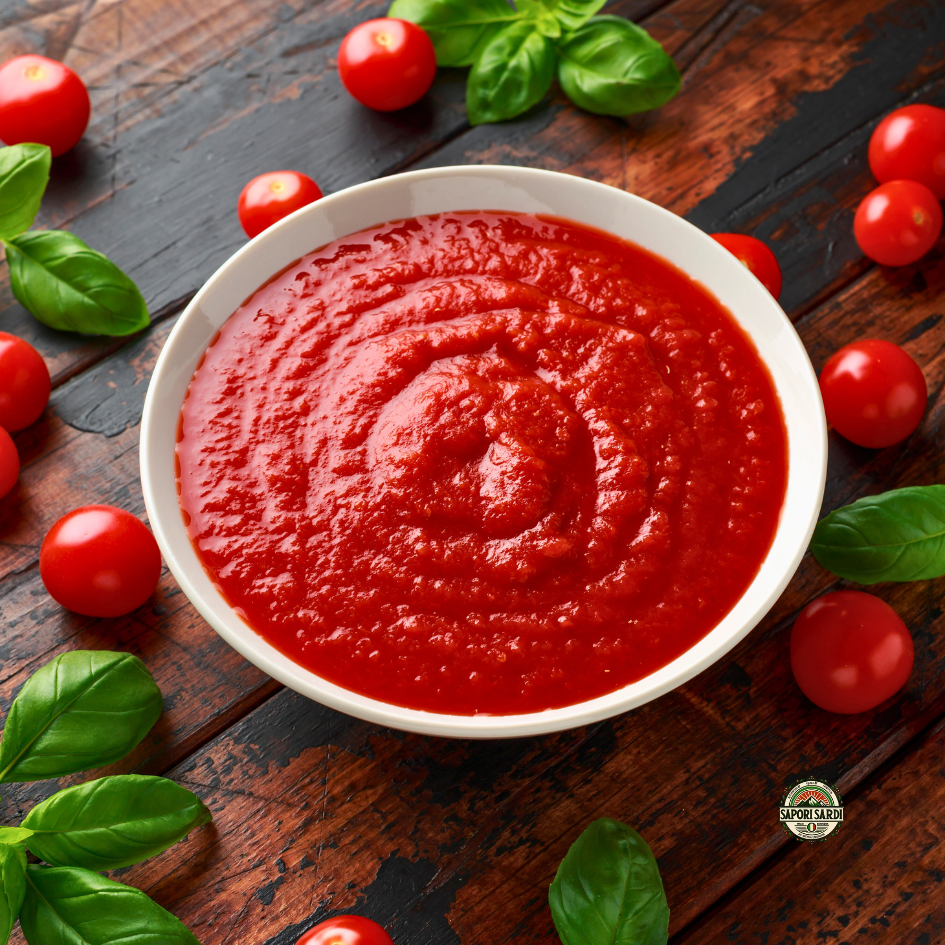 Frisches glattes Tomatenpüree. Passata aus Sardinien vom Casar.