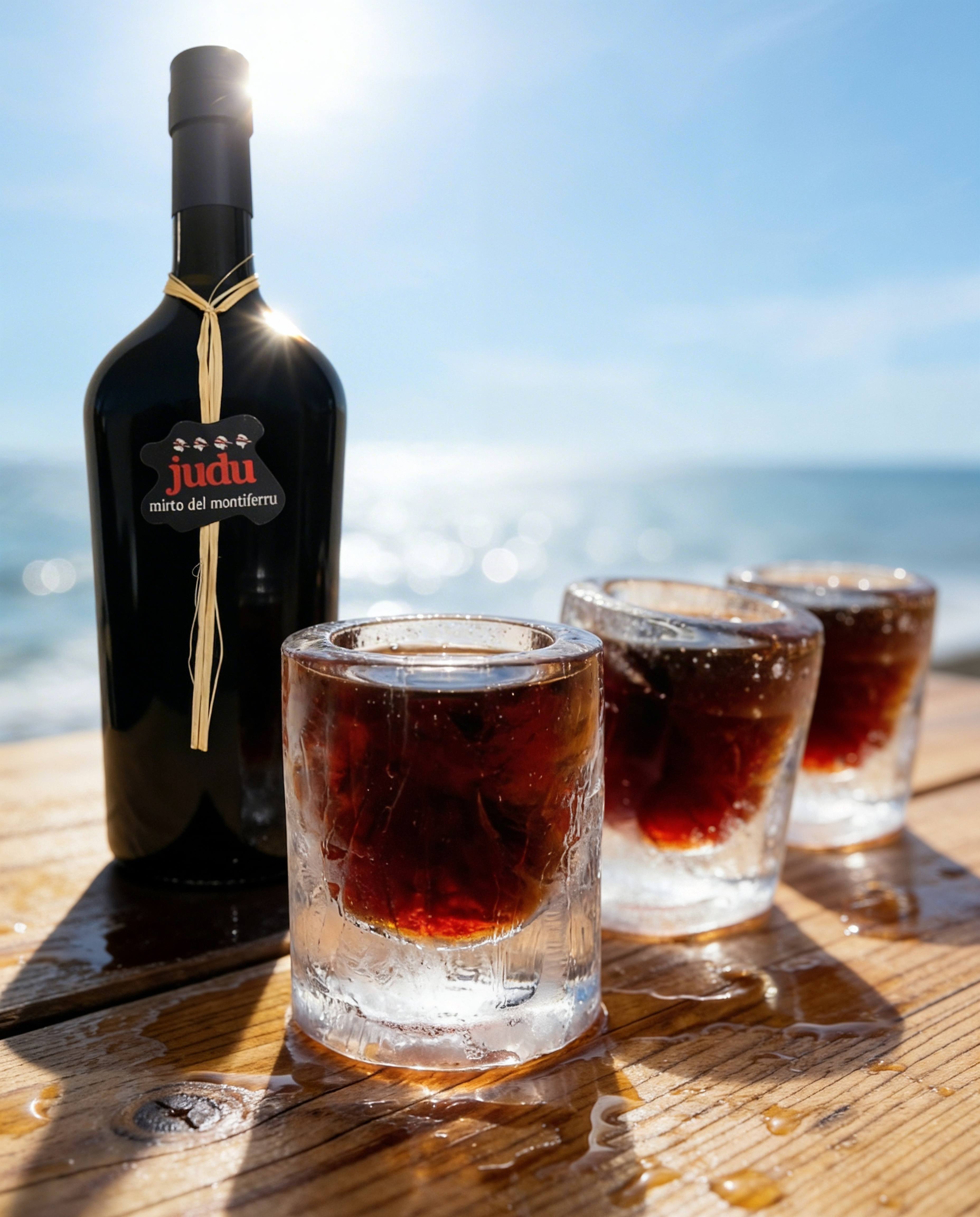 Judu Mirto Flasche auf einem Holztisch neben Shot Gäsern aus Eis gefüllt mit Mirto. Im Hintergrund das Meer.