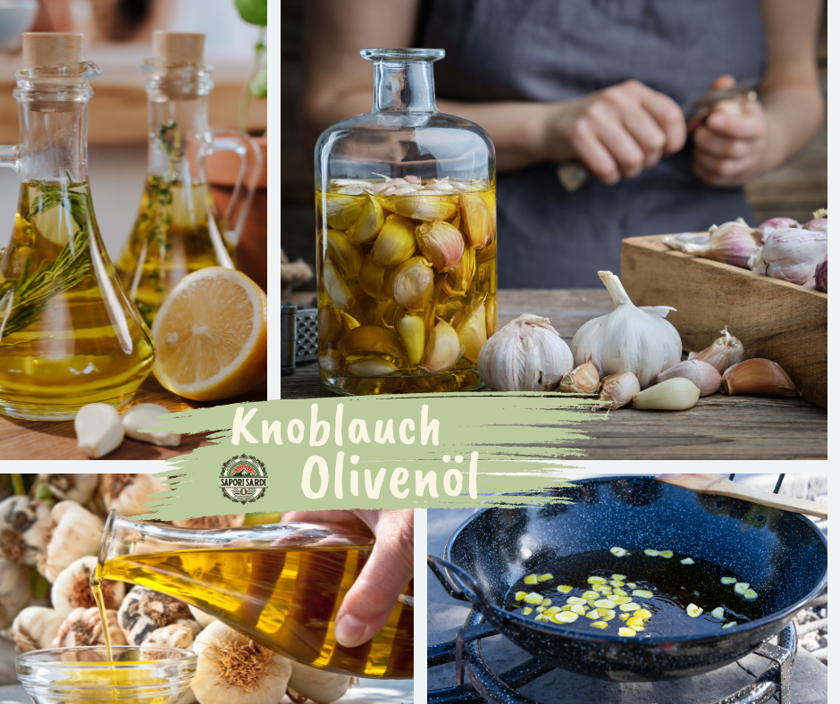 Collage für ein Rezept für Knoblauch Olivenöl. Oben Links Glasflschen mit Olivenöl in welchem Kräuter und Knoblauch eingelegt sind. Rechts Knoblauch eingelegt in Olivenöl in einer Glasflasche. Dahinter sieht man die Hände einer Frau Knoblauch schälen während der Holztisch vor ihr auf welchem die Flasche steht mit Knoblauch voll ist. Unten Links wird Öl in eine Schale gegossen und rechts sieht man wie Knoblauch in einer Pfanne angebraten wird. In der Mitte der Collage steht: Knoblauch Olivenöl.