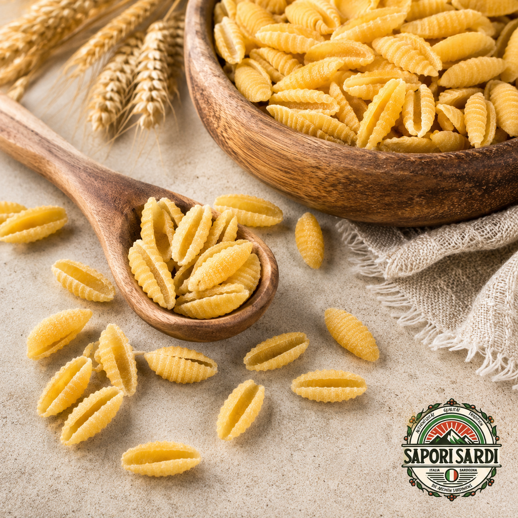 Malloreddus Rustici – Handgemachte Pasta-Spezialität aus Sardinien auf einem Holzlöffel und in einer Schale
