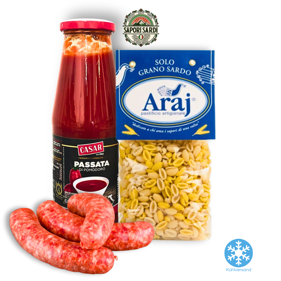 Malloreddus alla Campidanese Rezept Paket. Pasta mit Salsiccia.