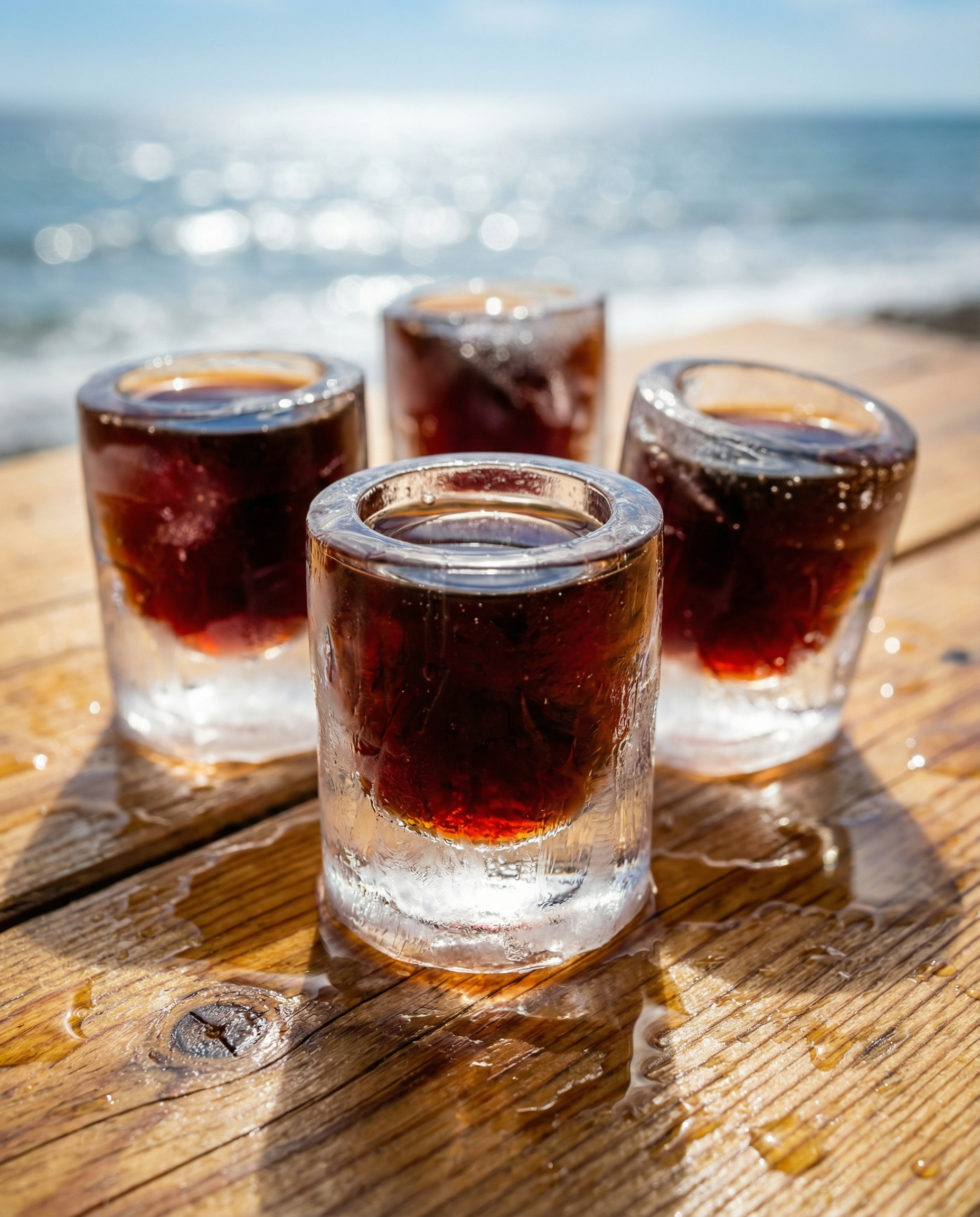 Mirto Likör in Shot Gläsern aus Eis auf einem Holztisch. Im Hintergrund das Meer.