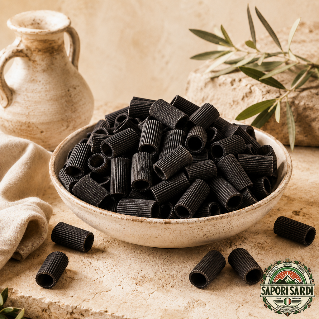 Natalis al Nero di Seppia - Sardische Pasta mit Tintenfischtinte in einem Teller auf einem Steintisch