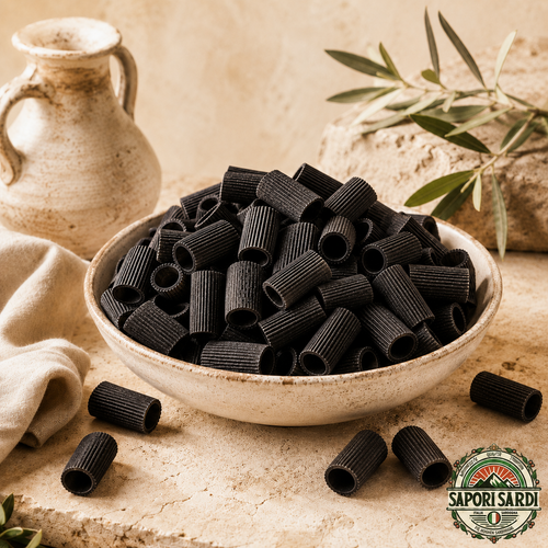 Natalis al Nero di Seppia - Sardische Pasta mit Tintenfischtinte in einem Teller auf einem Steintisch