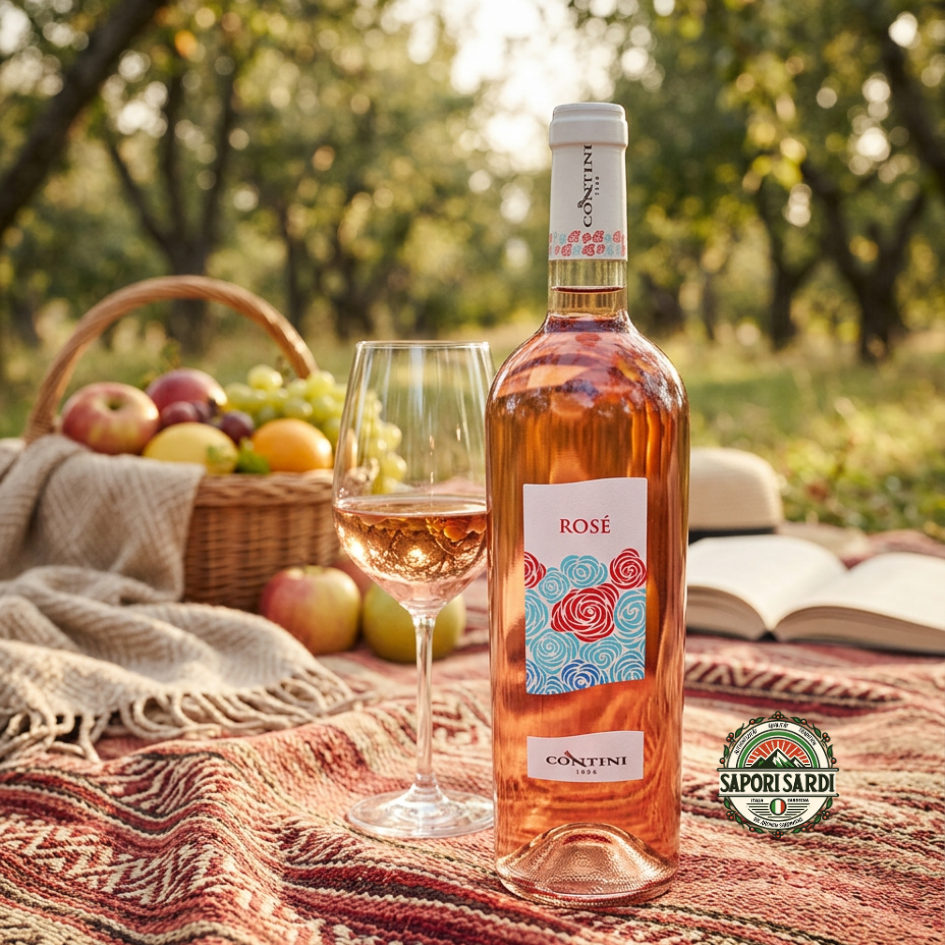 Rose Wein aus Sardinien bei einem Picknick auf einer Decke