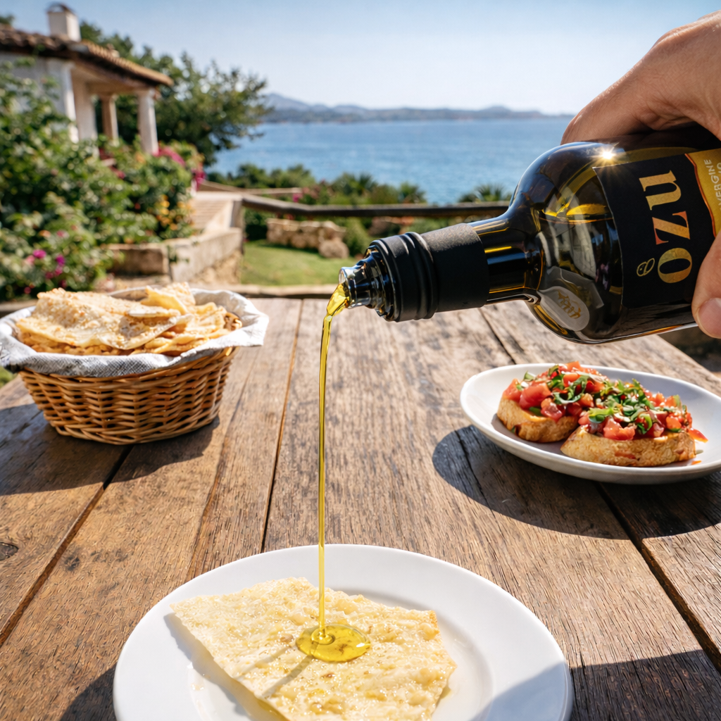 Olivenöl wird auf einen Teller mit Pane Carasau gegossen. Im Hintergrund das sardische Meer.