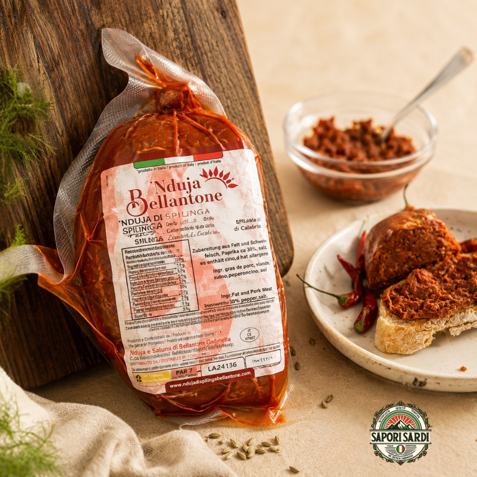Packung Nduja von Bellantone und daneben aufgeschnitten auf einem Brot