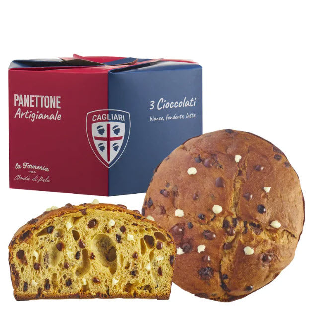 Panettone mit 3 verschiedenen Schokoladensorten und Cagliari Calcio Verpackung