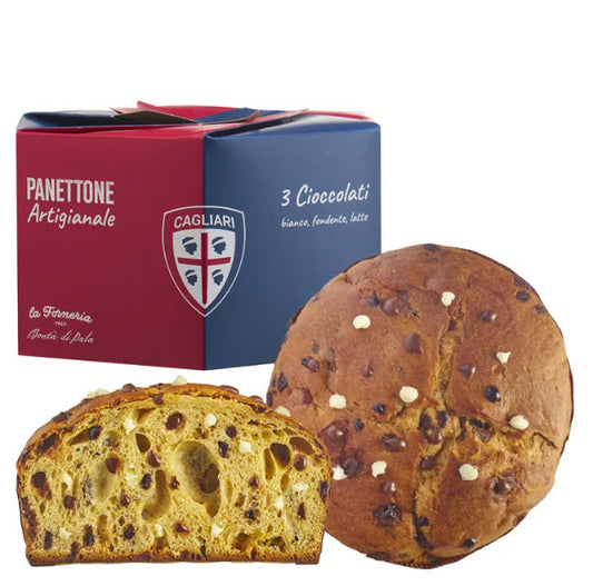 Panettone mit 3 verschiedenen Schokoladensorten und Cagliari Calcio Verpackung