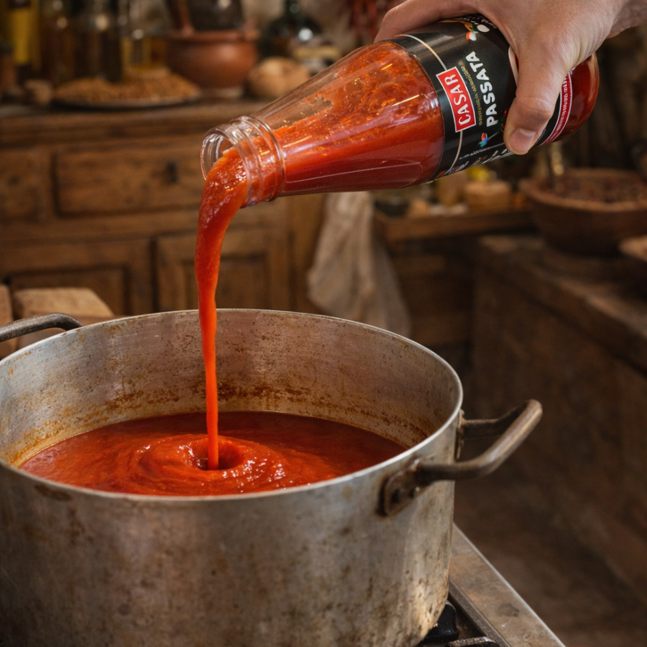 Passata aus Sardinien von Casar wird in einen Topf gegossen 