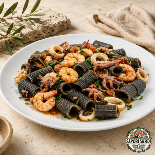 Pasta mit Tintenfischtinte und Meeresfrüchte