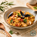 Sardische Fregula mit Meeresfruechten auf einem Teller angerichtet und garniert mit Muscheln.