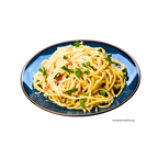 Spaghetti Carbonara mit Guanciale aus Sardinien auf einem blauen Teller angerichtet.