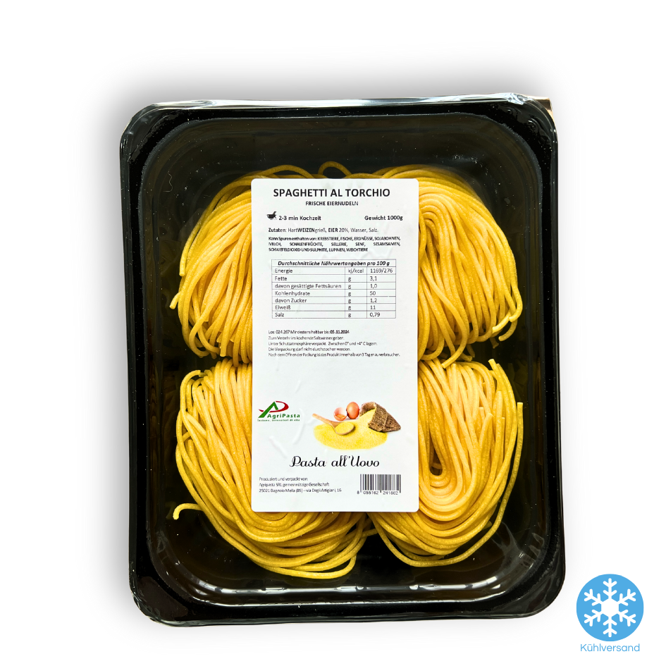 Spaghetti al Torchio. Frische bronzegezogene Spaghetti mit rauer befläche für perfekte Saucenhaftung.