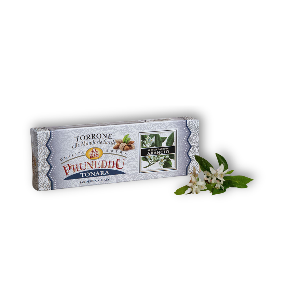 Torrone Sardo al Miele di Arancio von Pruneddu, sardischer Mandel-Torrone mit Orangenblütenhonig in Geschenkpackung