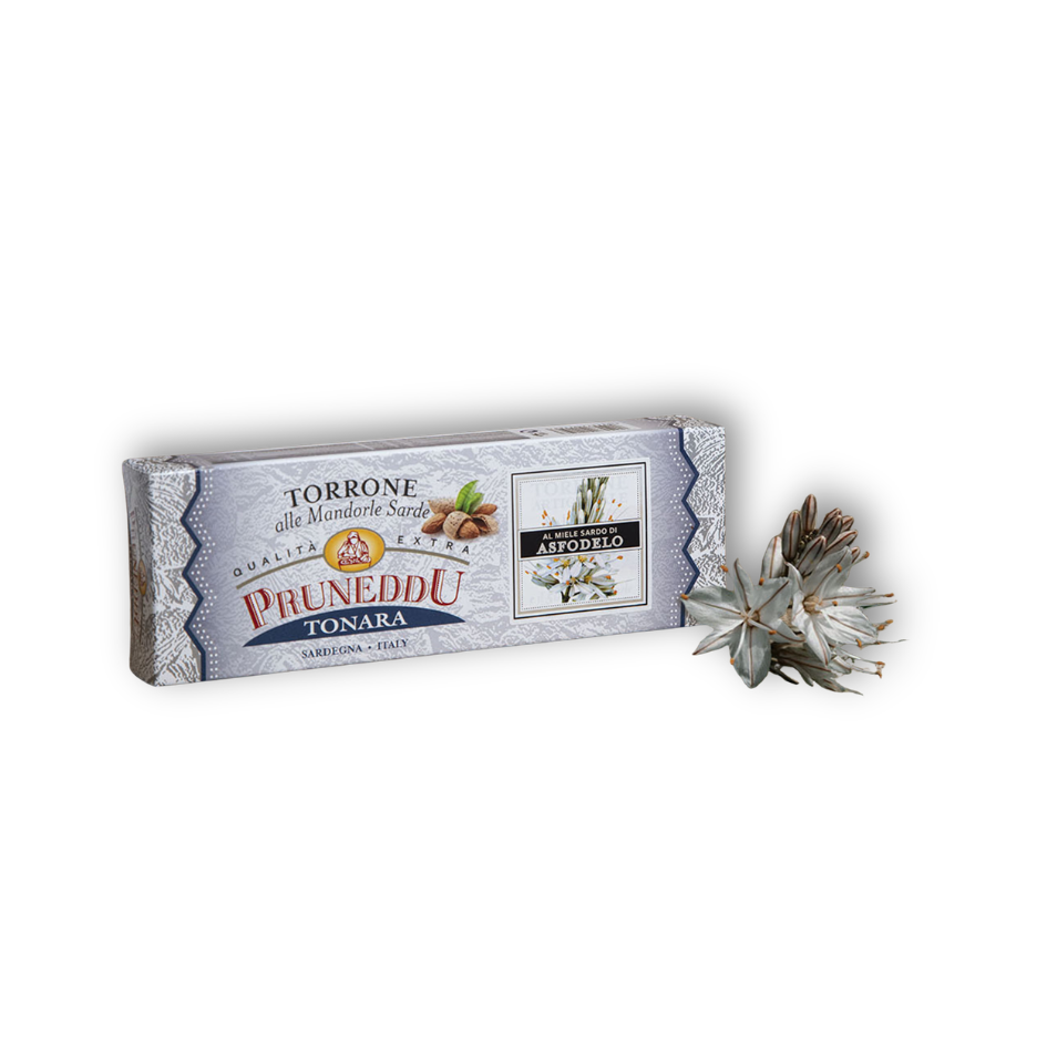 Torrone Sardo al Miele di Asfodelo von Pruneddu, sardischer Mandel-Torrone mit Asphodelhonig in Geschenkpackung