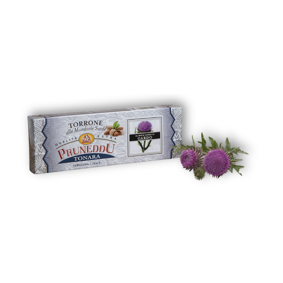 Torrone Sardo al Miele di Cardo von Pruneddu, sardischer Mandel-Torrone mit Distelhonig in Geschenkpackung
