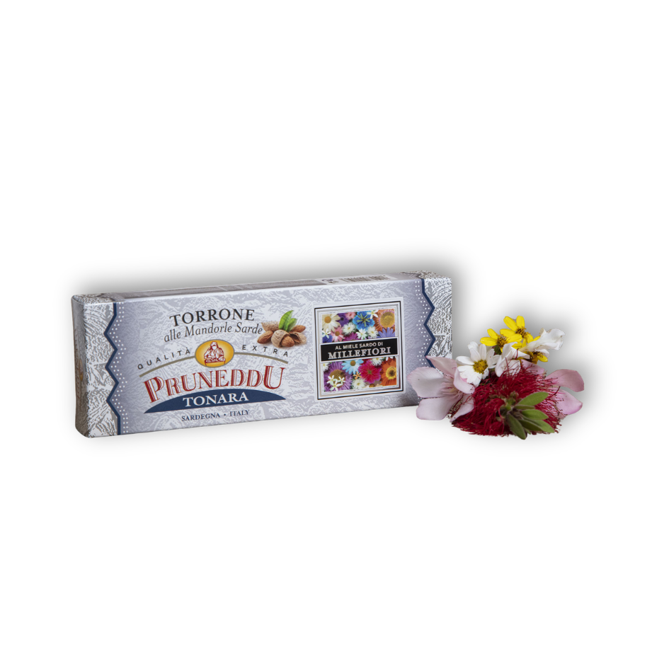 Torrone Sardo al Miele di Millefiori von Pruneddu, sardischer Mandel-Torrone mit Wildblütenhonig in Geschenkpackung