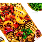 Eine Antipasti Platte mit gegrilltem und eingelegten Gemüse. Paprika, Zucchini, Tomaten, Zwiebeln und Aubergine.