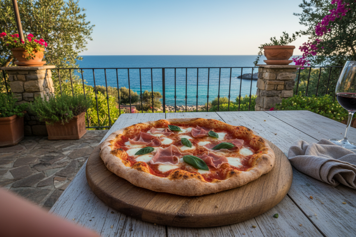 selbstgemachte Pizza auf einem rustikalen Holzbrett auf einem Holtisch. Im HIntergrund sieht man das Meer auf Sardinien. Die Szene ist auf einer Terrasse eines Hauses mit Garten am Meer. Handy Foto.