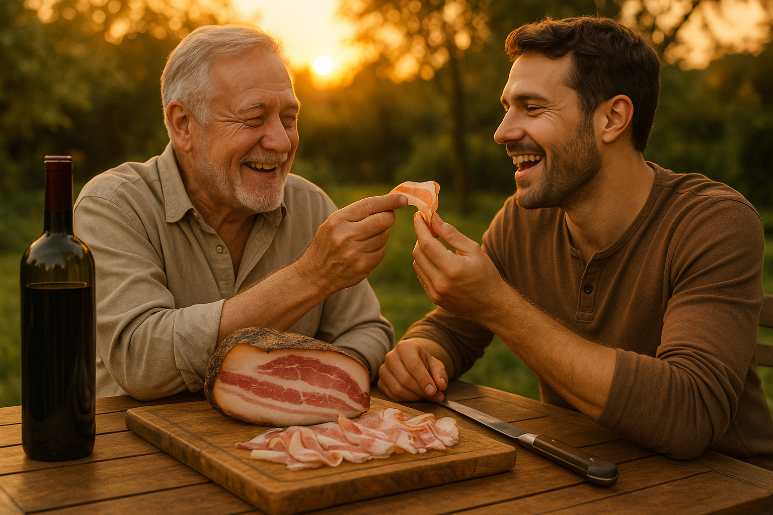 Vater und Sohn genießen authentischen Guanciale bei Sonnenuntergang