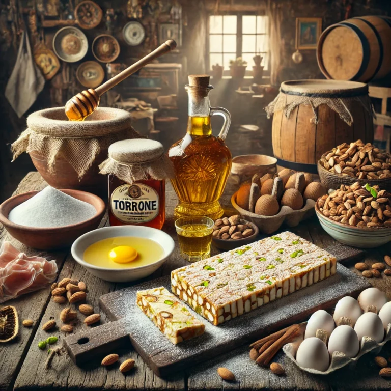 Ein hochwertiges Bild, das die Zubereitung und Präsentation von Torrone, dem traditionellen sardischen Nougat, zeigt. Auf einem rustikalen Tisch sind Zutaten wie Honig, Zucker, Eiweiß, Mandeln und Pistazien zu sehen. Die fertigen Torrone-Stücke sind appetitlich angerichtet, vor dem Hintergrund einer traditionellen sardischen Küche mit dekorativen Elementen.